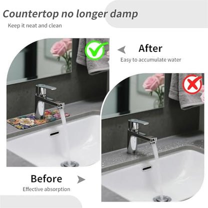 Kitchen Sink Splash Guard Flowers In 1 Faucet Mat Sink Gadgets Super Absorbent Fast Drying Mat Drip Catcher For Kitchen Bathroom Sink Mat Dish Drying Mat Bathroom 15" X 5.5" - color: Flowers in various colors-1
