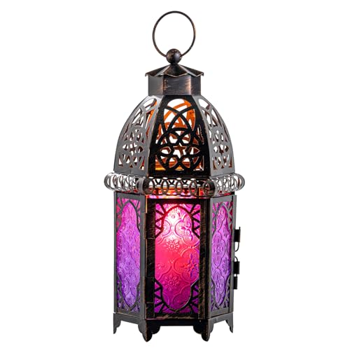Halloween Decorations Indoor, Purple Decorative Candle Lantern for Moroccan Light Decor, 12.8’’ Vintage Metal Hanging&Tabletop Lantern, Ramadan Lantern for Home Outdoor Patio(Purple) - color: Purple - 12.8''h, size: Large
