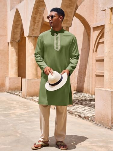 Yousify Mens Kaftan Thobe Casual Henley Shirts - color: Army Green, size: X-Large