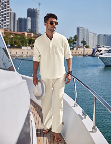 COOFANDY Men's 2 Pieces Cotton Linen Set Long Sleeve Henley Shirts Casual Beach Pants With Pockets Summer Yoga Outfits - color: Beige, size: Medium