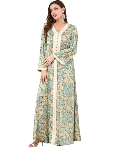 Floral Abayas for Women Dubai Outfits Prayer Dress for Women Muslim Dresses Islamic Kaftan Robe Saudi Arabian Ramadan Clothes - color: Light Green, size: X-Large