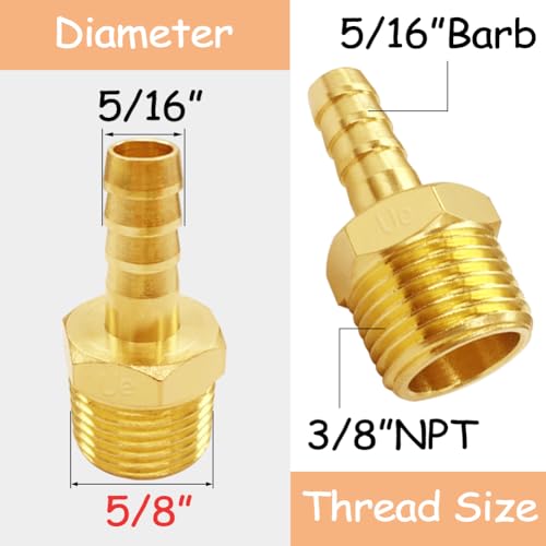 Uenede Brass 3/8" NPT Male to 5/16" Hose Barbed Fittings, 6PCS | Barb Pipe Fittings with Clamps Air Line Repair Connectors for Water Oil Gas - size: 5/16"Barb, style: 3/8"NPT Male