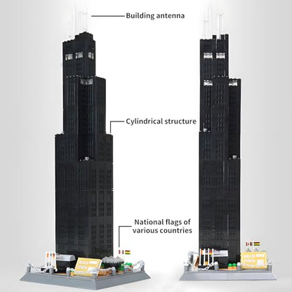 CAXIMSY Willis Tower Chicago Architecture Model Building Blocks Sets The Office Landmarks Skyline Set Toys Collection for Kids Adults 1241Pcs - style: Willis Tower Model