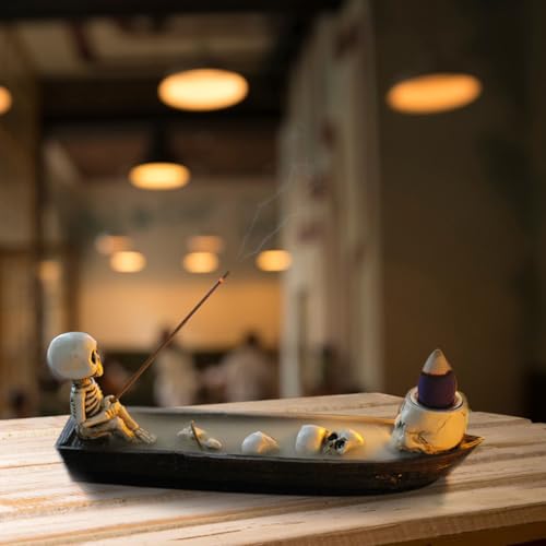 Halloween Incense Burner, backflow Incense Burner,Skeleton Ship Incense Holder,Hand-Carved Decorations,Cool Room Decorations, Awesome and Ideal Gifts, Brown (1pack, 8.5inch) - size: 8.5 inches