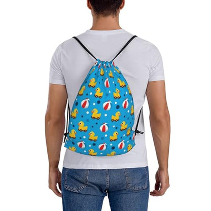 Polyester Cinch Sack Rubber Duck Pool Ball, Waterproof String Bag with Zipper Pocket for Soccer Basketball Ball Storage - color: Pattern (370)