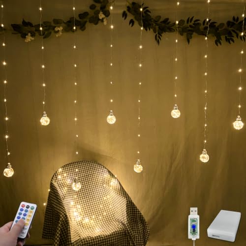 YOLIGHT Wishing Ball Curtain Lights 200 LED Window Curtain String Lights with Remote, USB Battery Powered Twinkle Globe Fairy Lights for Wedding Party Bedroom Christmas Decoration (Warm White) - color: Warm White