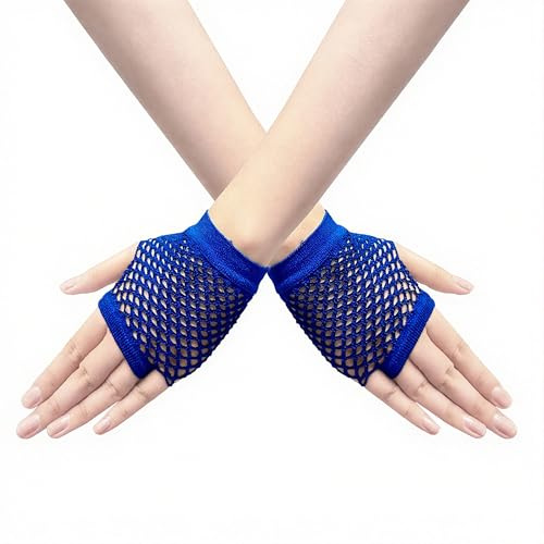 Short Fishnet Gloves for Women Fingerless Mesh Fishing Net Gloves 80s Fish Net Arm Sleeves Halloween Party Cosplay Costume - color: Royal Blue