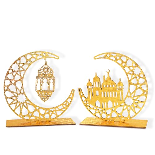 Wooden Ramadan Decorations Islamic Decor Umrah Mubarak Eid Moon Table Signs with Golden Moon and Hollow Star Ornaments for Muslim Party and Home Decor