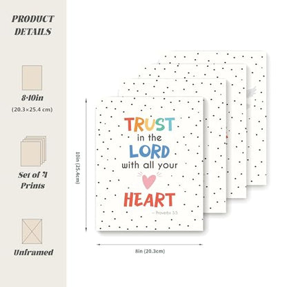 LARTSFRO Bible Christian Wall Art Decor Posters Prints, Inspirational Bible Verses Room Bathroom Bedroom Playroom Dorm Wall Art Decor Aesthetic for Nursery Baby Kids Teen Girls Gifts, Christian Classroom Wall Decor, 10x8 Inch Set of 4 Pcs Pictures (UNFRAM