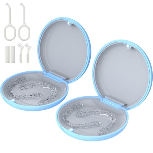 2 Pack Retainer Case, Slim Aligner Case for Invisalign with Tool Kit | 2 Pack Slim Magnetic Retainer Case for Invisalign • Pocket-Size for Travel • Full Kit: Removal Tool, Aligner Seater & Brush - color: 2 Pack - SkyBlue