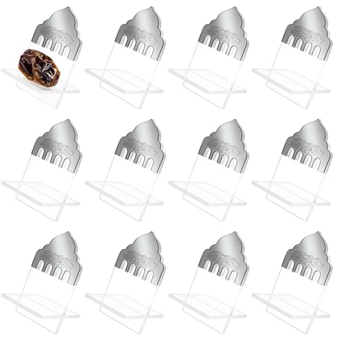 Potchen 12 Pack Ramadan Date Holders Acrylic Glass Bismillah Islamic Calligraphy Date Stands Home Table Centrepiece Decorations for Eid Ul Fitr Fasting Ramazan Adha Gifts Party Favors(Dome,Silver) - color: Silver, style: Dome