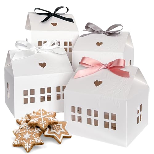 20 Pcs Classic House Shaped Gift Boxes with Neutral Ribbons for Treats, Desserts, Fancy Cookie, White Gable Bakery Packaging - size: Classic House Neutral Ribbons