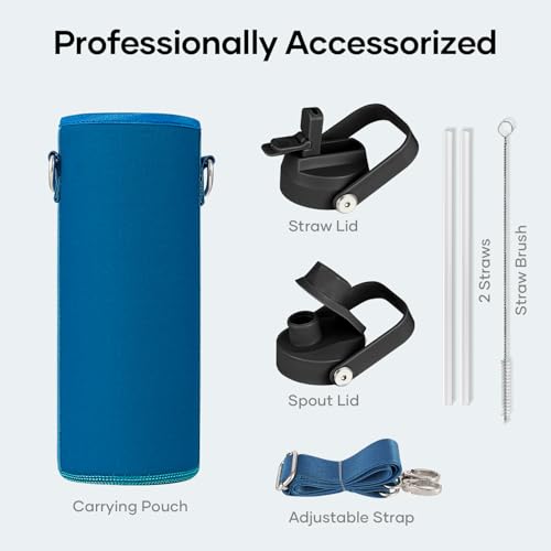 BUZIO 24 oz Insulated Water Bottle, Stainless Steel Wide Mouth Water Flask with Straw Lid, Cold for 48 Hrs Leak Proof Metal Hydro Thermo Canteen Mug, Blue - color: Blue, size: 24 Ounces