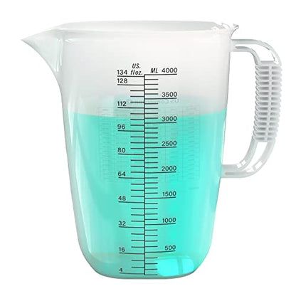 Luvan 1 Gallon Measuring Pitcher, Large Measuring Cup with Spout and Handle, 134oz Plastic measuring pitcher with Conversion Chart, 1 Gallon Measuring Container for Motor Oil, Chemicals, Pools, Lawns - color: 134Oz/4L/010
