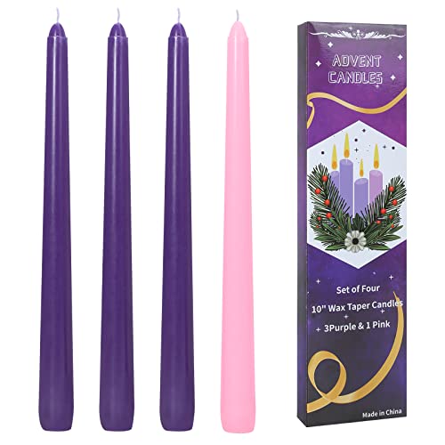 4 Pack Christmas 10in Unscented Advent Candles for Seasonal Celebrations, Holidays, Church, Celebration, Party