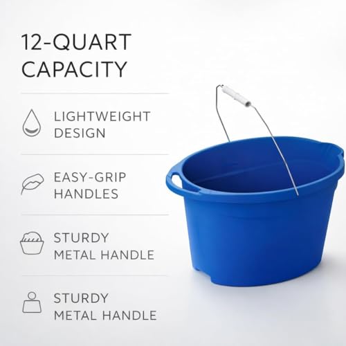 12 Quart Oval Utility Bucket, Blue Plastic Open Top Container for Cleaning Supplies, Washing, Storage, Household Tasks & General Use, 1 Pack