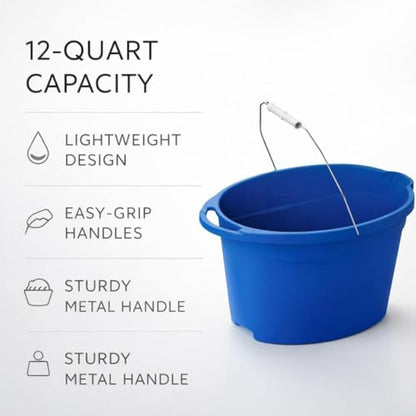 12 Quart Oval Utility Bucket, Blue Plastic Open Top Container for Cleaning Supplies, Washing, Storage, Household Tasks & General Use, 1 Pack