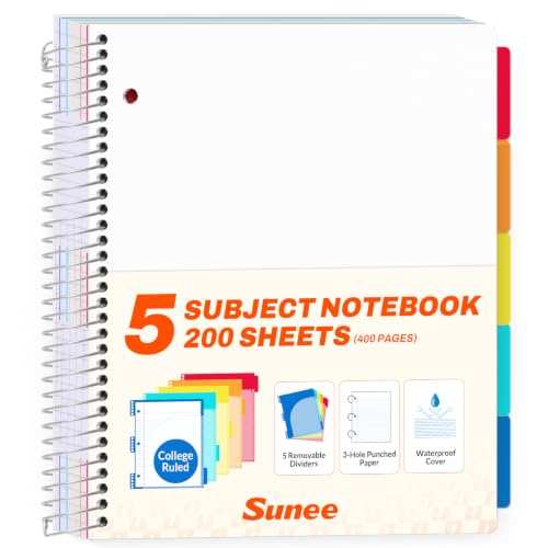 SUNEE 5 Subject Notebook College Ruled - 400 Pages, 9"x11", 5 Pocket Colored Dividers, 3-Hole Punched Paper, White - color: White, style: College Ruled