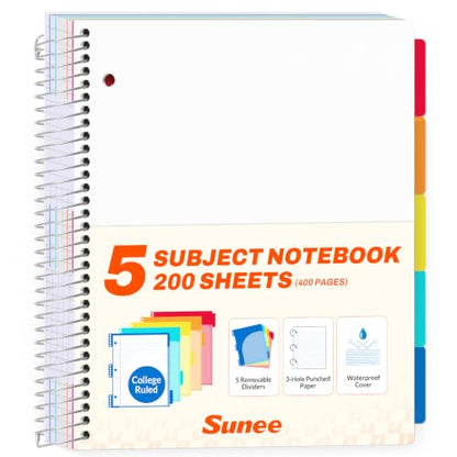 SUNEE 5 Subject Notebook College Ruled - 400 Pages, 9"x11", 5 Pocket Colored Dividers, 3-Hole Punched Paper, White - color: White, style: College Ruled