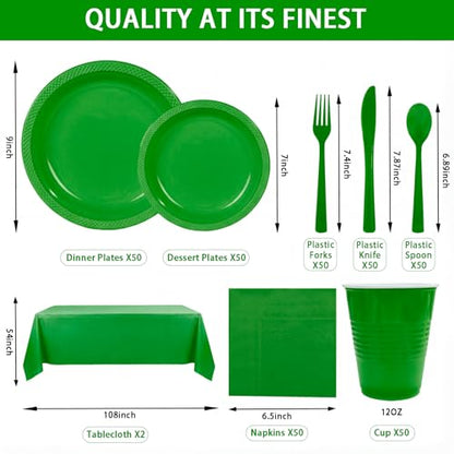 Tinybee 352 Pcs Green Plastic Plates, Disposable Dinnerware Set for 50 - color: Green