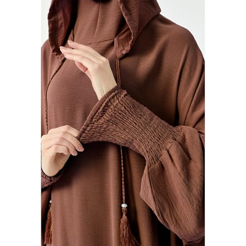 Abaya Muslim Dress Women Prayer Dress Long Sleeve Hooded Loose Maxi Dress Arabian Dubai Islamic Clothes - color: Brown