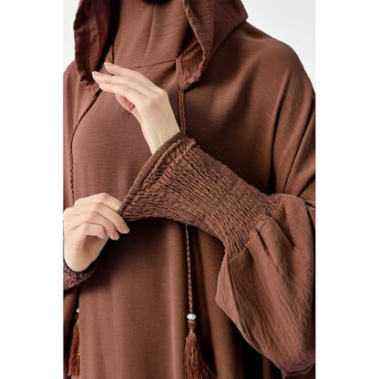 Abaya Muslim Dress Women Prayer Dress Long Sleeve Hooded Loose Maxi Dress Arabian Dubai Islamic Clothes - color: Brown
