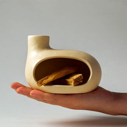 MOUGIGI Palo Santo Holder - Ceramic Incense Burner for Palo Santo Sticks, Cone, and Spiritual Sage - Modern Chiminea for Meditation - Handcrafted Smudge Bowl and Meditation Gift - color: Glazed Ceramics - Beige