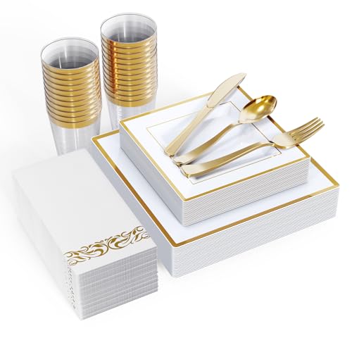 FOCUSLINE 175 Pieces Gold Square Dinnerware Set for 25 Guests - color: Gold Rim Square Plates