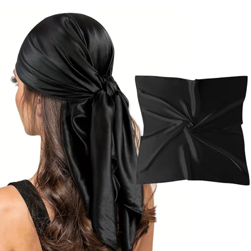vimate 35" Square Silk Like Head Scarf - Women's Fashion Satin Scarf Bandana for Hair Wrapping at Night. - color: A#. Black