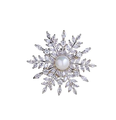 14K Gold Autumn Winter Coat Moissanite Brooch, Snowflake Clothing Pin with Natural Freshwater Pearl, Perfect Holiday Gifts, Broaches for Women Vintage - color: White Gold,White Crystal