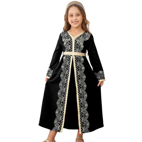 Kids Girls Ramadan Muslim Lace Trim Maxi Dress with Belt Prayer Arabic Kaftan Dubai Islamic Eid Dresses - color: Black, size: 6-7 Years