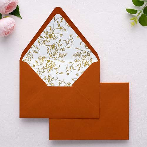 PONATIA A7 Euro Flap Gold Foil Liner Envelopes, 5x7 Envelopes Burnt Orange - color: Burnt Orange + Goil Foil