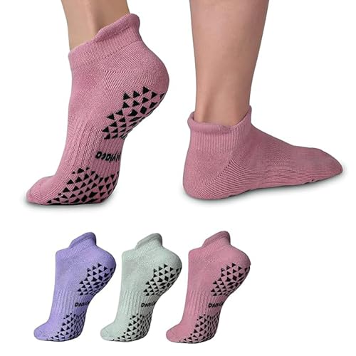 Hylaea Unisex Non Slip Socks with Grip for Yoga, Hospital, Pilates, Barre | Ankle, Cushioned | Breathable Cotton, Thick Cushioned Sole, Anti-Slip, Ankle Protection, Men Women, Ideal for Yoga, Barre, Hospital & Home Use - color: 3 Pairs (Pink Purple Blue),