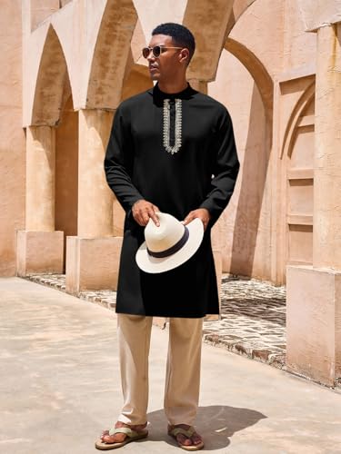 Yousify Mens Kaftan Thobe Casual Henley Shirts - color: Black, size: Medium
