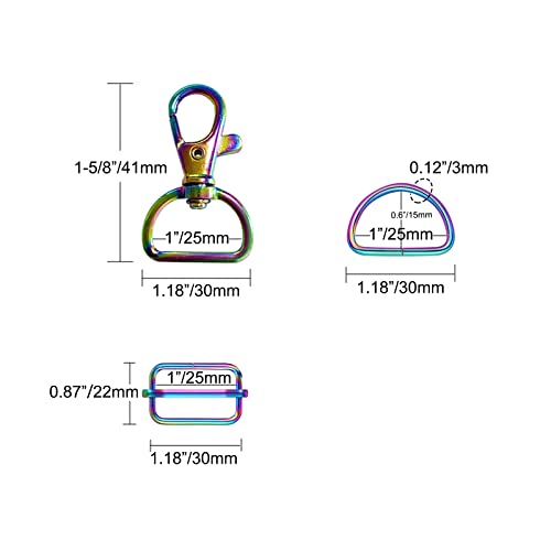 WAFJAMF Metal Snap Hook Rings Bulk Pack, Max 30 Pcs - Swivel Clasp Buckle, Non-Welded D Ring, Adjustable Rectangular Buckle (1' Inside Width Rainbow) - color: Rainbow, size: 1” Inside Width