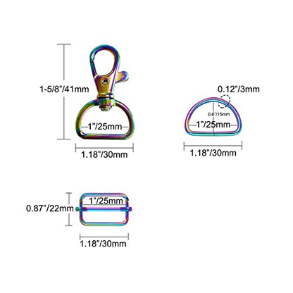 WAFJAMF Metal Snap Hook Rings Bulk Pack, Max 30 Pcs - Swivel Clasp Buckle, Non-Welded D Ring, Adjustable Rectangular Buckle (1' Inside Width Rainbow) - color: Rainbow, size: 1” Inside Width