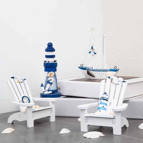 JQAQJU 4" Wooden Beach Chair Lighthouse Sailboat, 4pcs Mini Nautical Home Decoration & Beach Ocean Ornament for Summer Bathroom Bedroom Kitchen