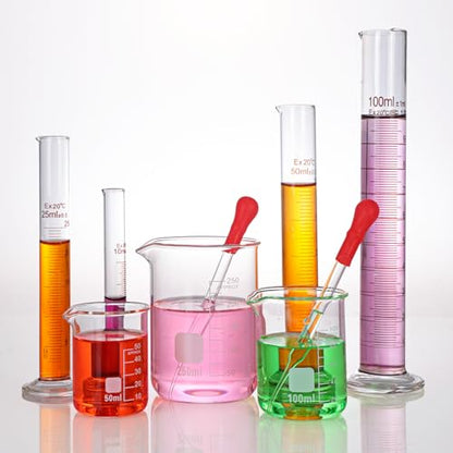Glass Graduated Cylinder and Beaker Set 9 Pieces with Droppers | 4 Cylinders in 10 25 50 and 100ml, 3 Beakers in 50 100 and 250ml, 2 Droppers, for Lab Measuring and Experiments