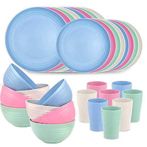 Supernal 32-Piece Pink Blue Green Beige Wheat Straw Dinnerware Set - color: Four color, size: 32pcs