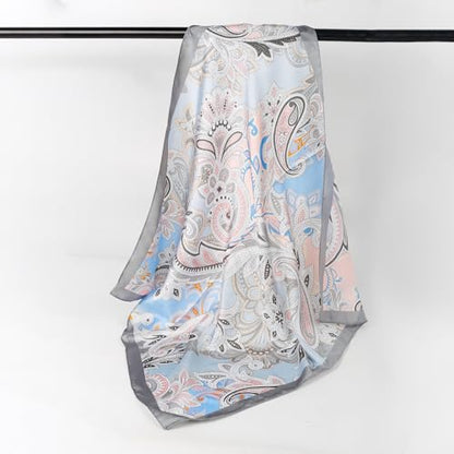 27" Head Scarf Like Satin Silk for Women,Hair Scarves Bandana,Headband Silk Feeling for Hair Wrap - color: Sky Blue and Gray