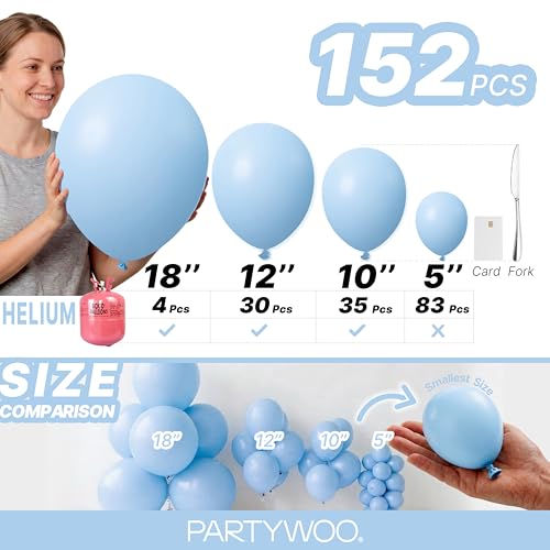 PartyWoo 라이트 블루 풍선 152피스 다양한 사이즈 45.7cm(18인치), 30.5cm(12인치), 25.4cm(10인치), 12.7cm(5인치) 베이비 파스텔 스카이 아쿠아 블루 풍선 아치 키트 화환 생일 성별 공개 베이비 샤워 졸업 파티 장식 블루-Y4 - color: 블루-y4