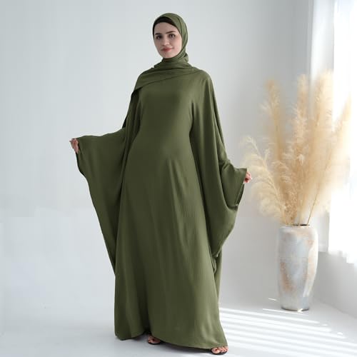 ODIZLI Abayas For Women Muslim Dubai Full Cover Kaftan Shirt Dress Batwing Sleeve Prayer Dress With Hijab - color: Army Green + Hijab, size: One Size