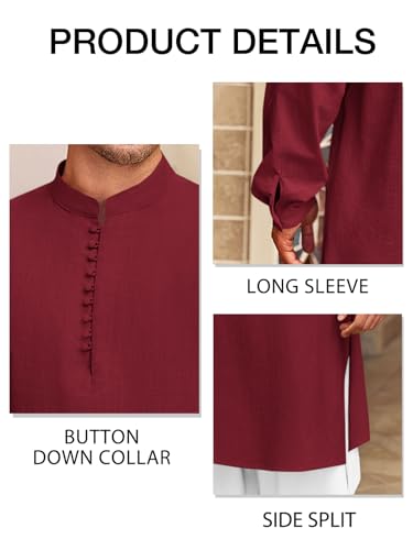 Runcati Mens Kaftan Thobe Button Down Henley Shirts Robe Long Sleeve Casual Cotton Linen Muslim Gown Shirt - color: Wine Red, size: XX-Large