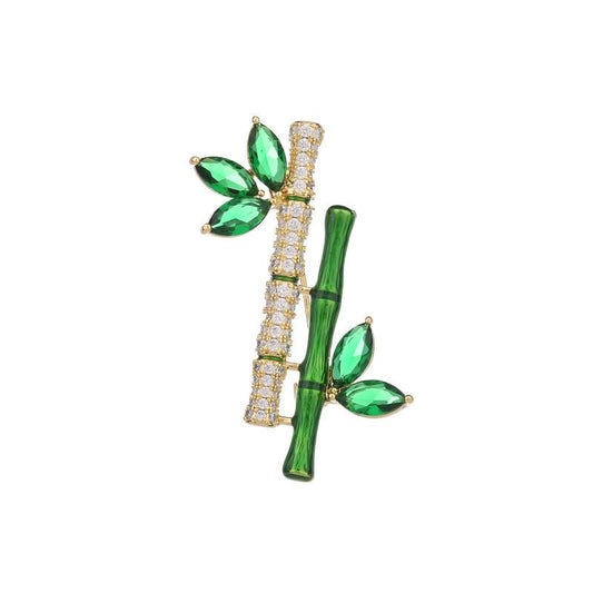 Chic 14K Gold Handmade Bamboo Gemstone Brooch with Moissanite Embellishments and Botanically Inspired Shawl Pin, Ideal Holiday Accessory - color: Green