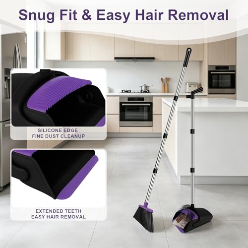 Broom and Dustpan Set, Upright Purple Broom with Dustpan Combo Set 51" Long Handle, Self Cleaning Dust Pan for Home, Kitchen and Office - color: Purple, size: Standard