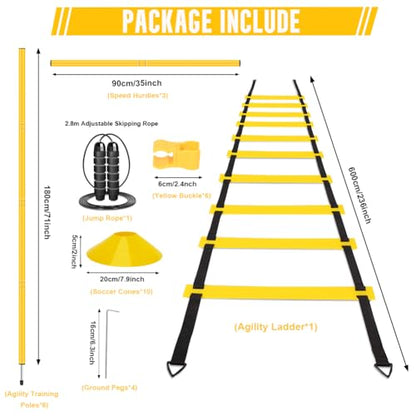 Agility Training Set Multi-Function Soccer Training Equipment for Athletes | 3 Adjustable Speed Hurdles, 6 Agility Poles, 1 Agility Ladder, 12 Soccer Cones & Jump Rope for Athletes, Amateurs, Youth