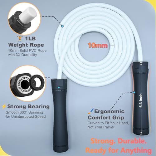 Weighted Jump Rope, 1LB Tangle-Free Ball Bearing Rapid Speed Skipping Rope for Men Women, Adjustable 9mm Cotton & PVC Rope with Alum Handle for Boxing MMA Weight-Loss Athletic Workout Fitness - color: White