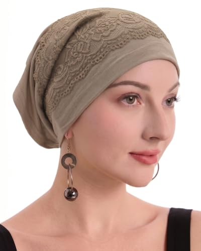 ZLYC Hijab Cap for Muslim Women Soft Stretchy Open-Back Inner Undercap - color: Lace Solid Khaki
