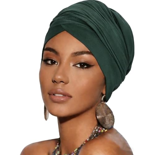 Turban Head Wrap Scarf,African Women' Soft Long Scarf Shawl Hair Bohemian Headwrap Stretch Headband Tie - color: Dark Green