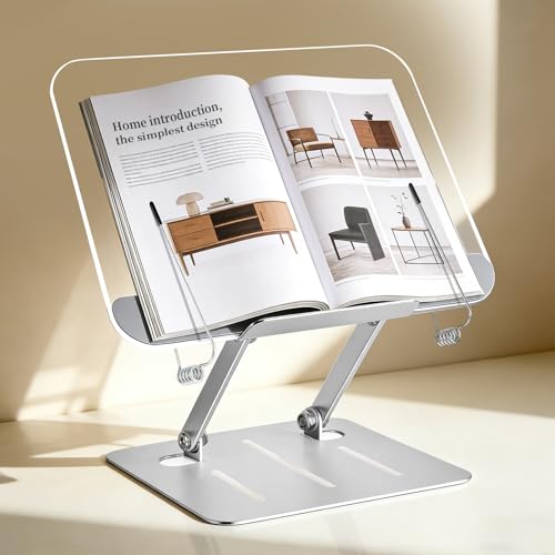 Acrylic Book Stand for Reading, Hands Free Foldable Desktop Book Holder, Height & Angle Adjustable Textbook Stand with Page Clips for Cookbook, Tablet, Music Scores